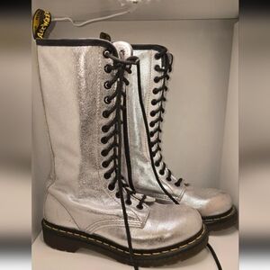 Dr. Martens 14 Hole Shiny Silver Combat Boots